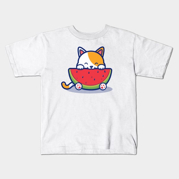 Cute Cat Eating Watermelon Kids T-Shirt by Catalyst Labs